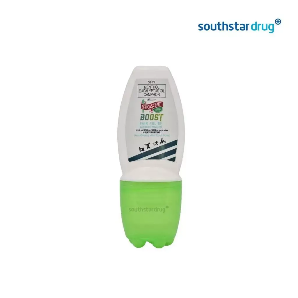 Efficascent Boost Pain Relief Massage Roll-On 50mL bottle in blue and white, front view