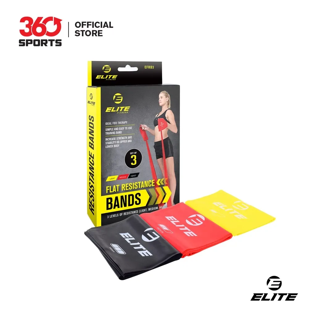 Elite Flat Resistance Bands set of 3 in yellow, red and black folded beside its retail box