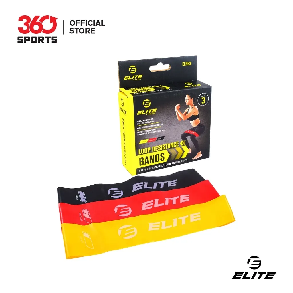Elite Loop Resistance Bands set of 3 in yellow, red and black beside its retail box
