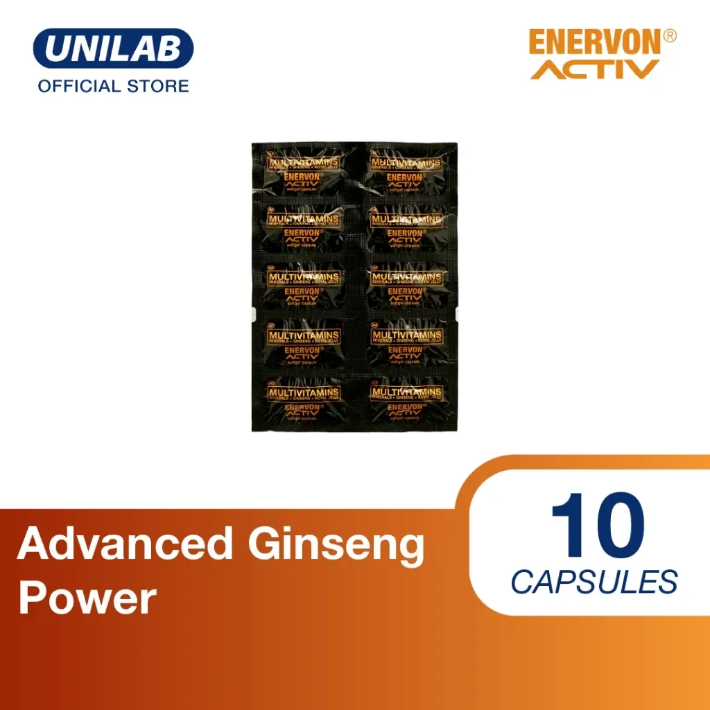 Unilab Enervon Activ multivitamin capsule strip with ginseng and royal jelly, 10-count