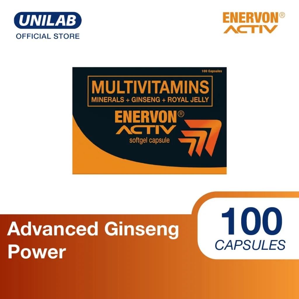 Unilab Enervon Activ multivitamin capsule bottle with ginseng and royal jelly, 100-count
