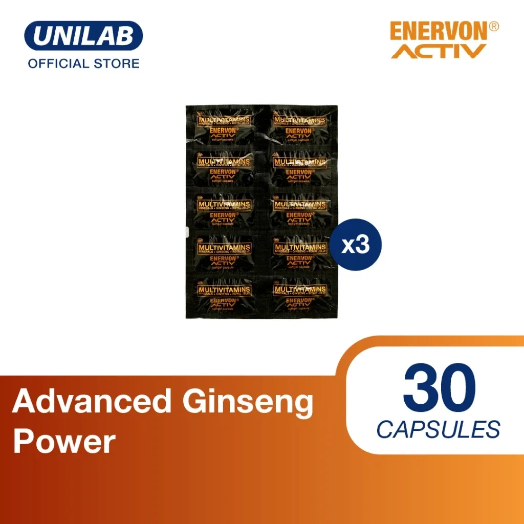 Unilab Enervon Activ multivitamin capsule bottle with ginseng and royal jelly, 30-count