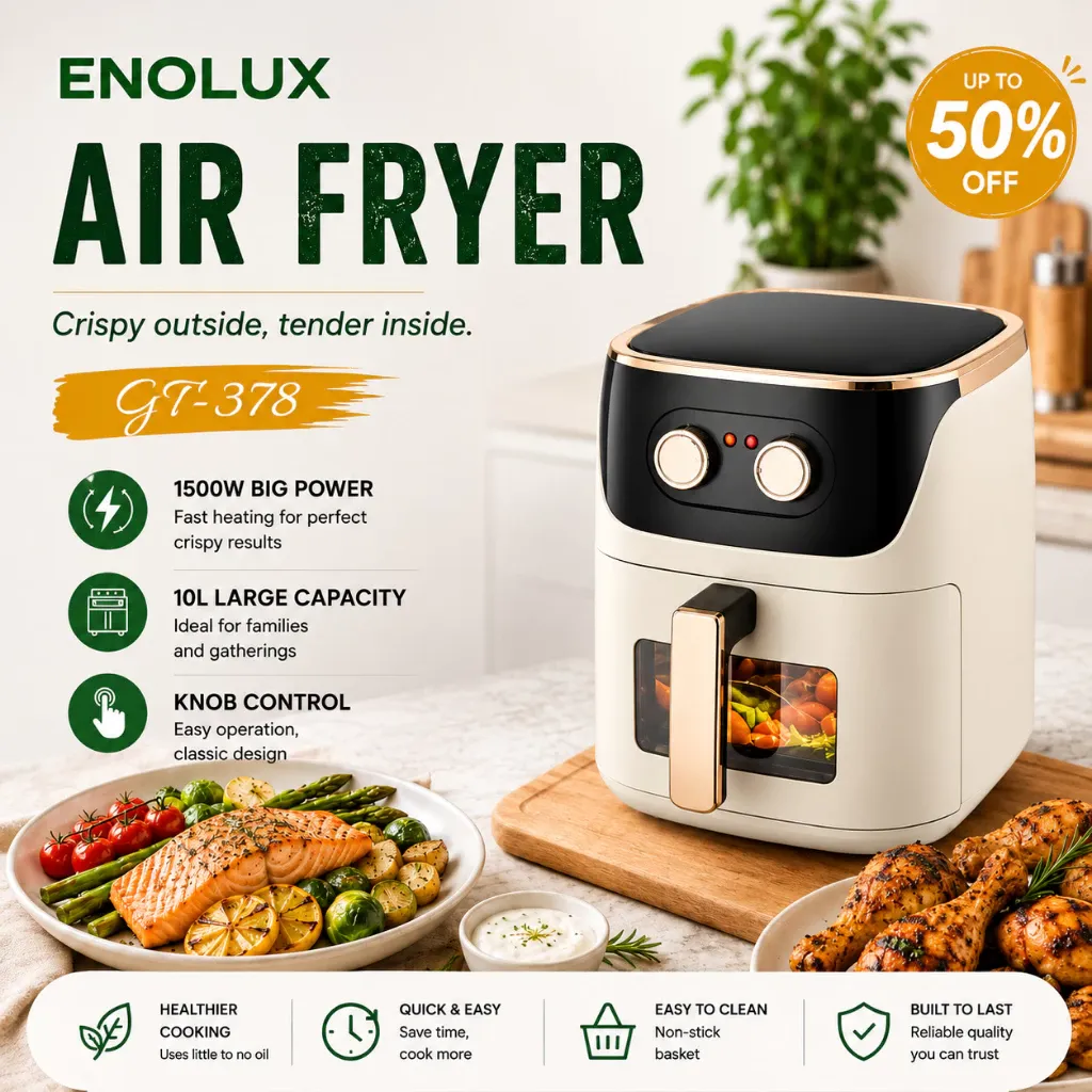Enolux GT378 10L large-capacity air fryer with LED display, front view