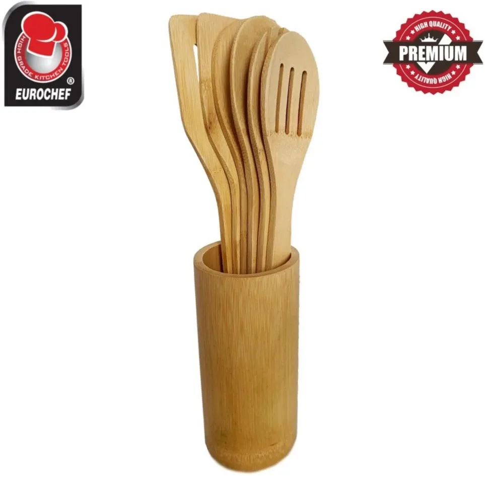 Eurochef BAM8 bamboo kitchen utensil set of spatulas and spoons standing in a bamboo cylinder holder