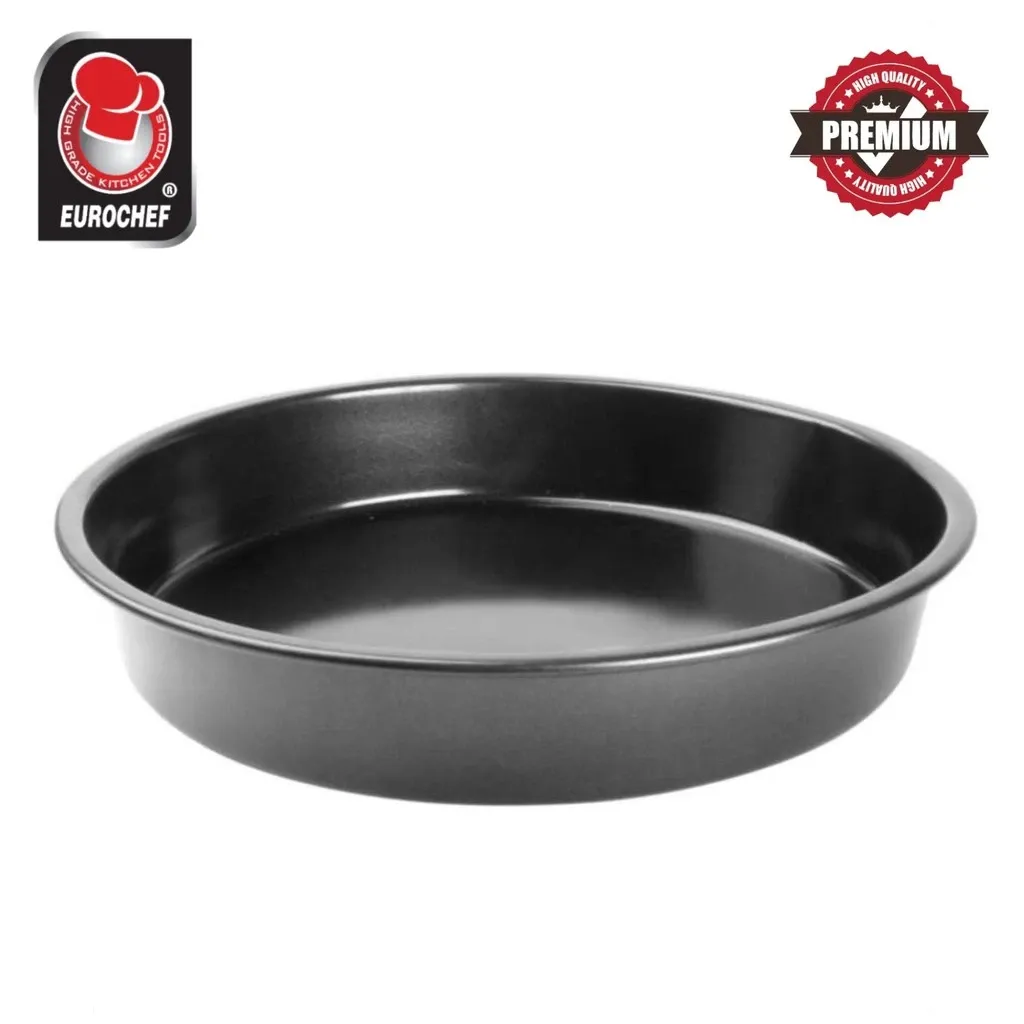 Eurochef NS02 carbon steel non-stick round baking tray for cake, pie and pizza, overhead view