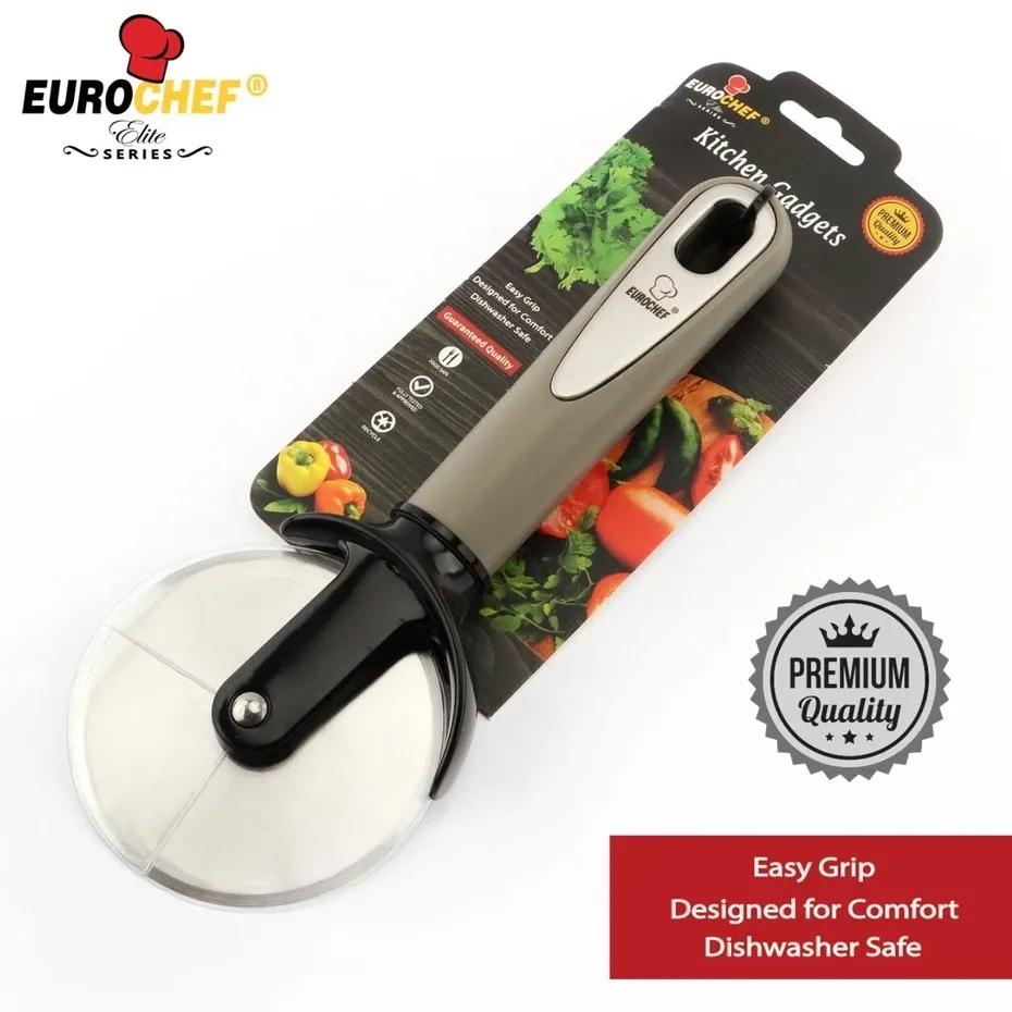 Eurochef NT08 heavy duty stainless steel pizza cutter with a rolling wheel blade, side view
