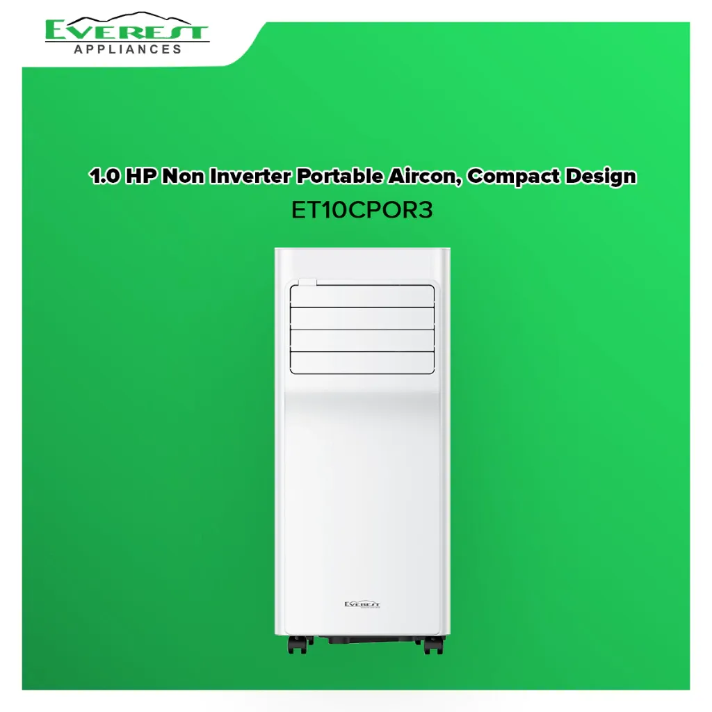 Everest ET10CPOR3 portable aircon, a compact white 1.0HP unit with a slim louvred vent and castor wheels