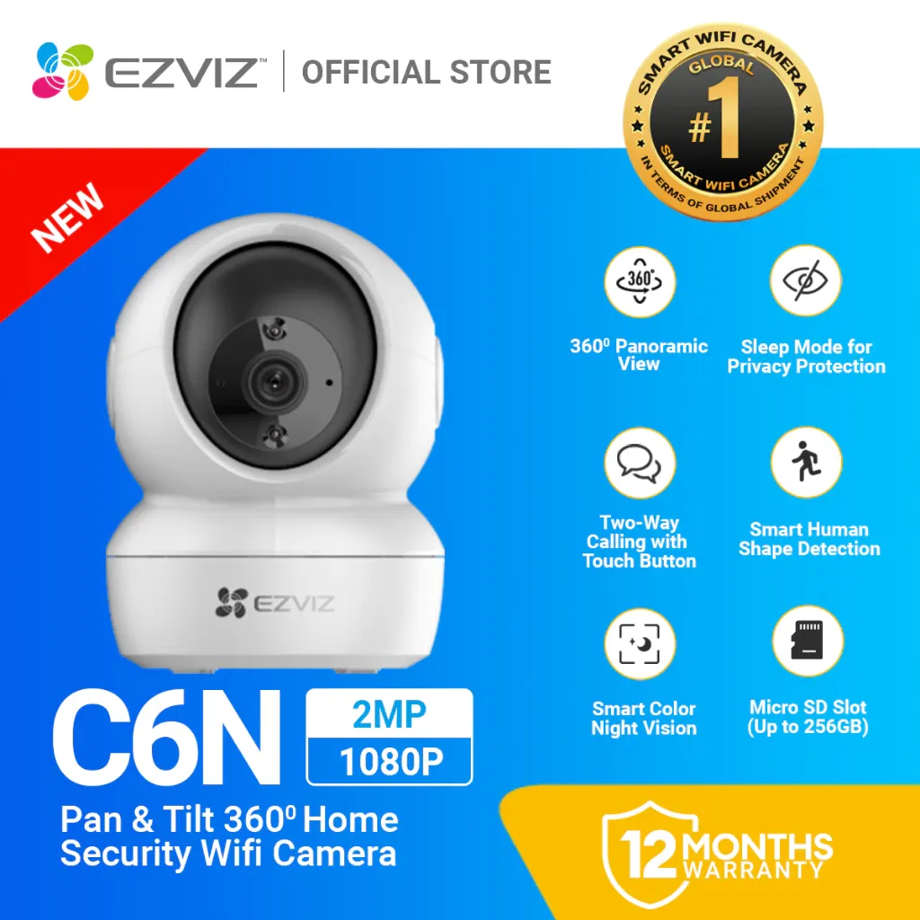 EZVIZ C6N, a white pan-and-tilt indoor security camera, shown with 360-degree view and privacy sleep mode icons