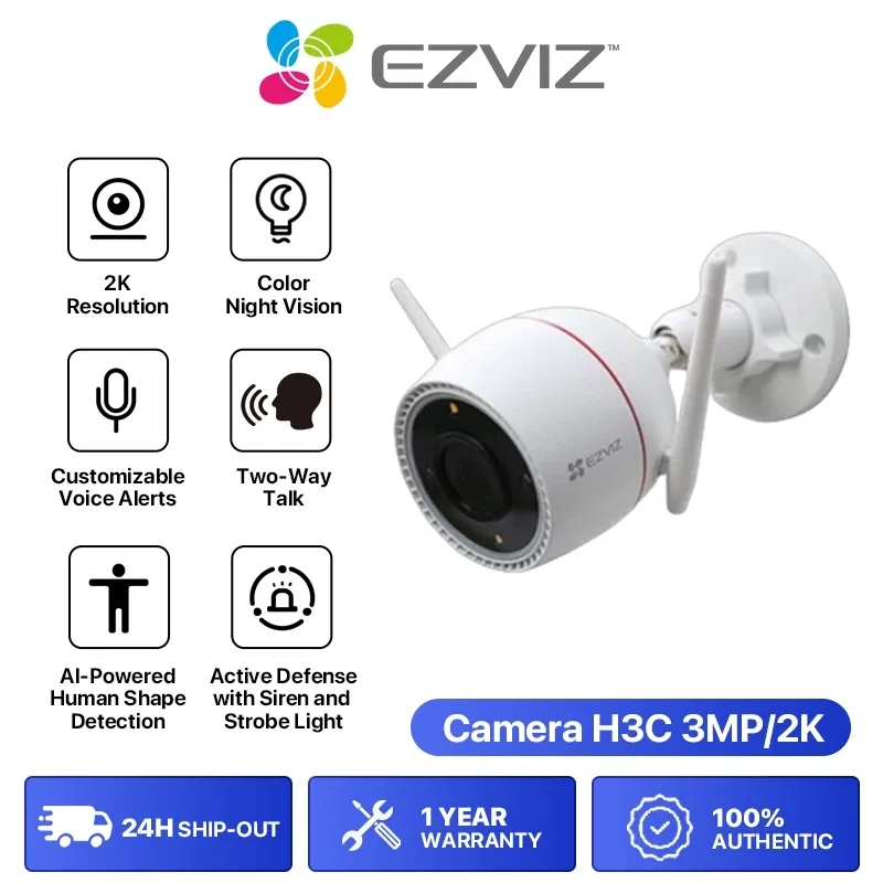 EZVIZ H3C outdoor bullet camera, a white cylindrical unit with an external antenna on a wall mount