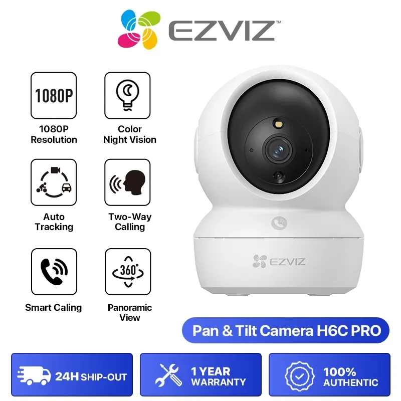 EZVIZ H6C Pro, a white pan-and-tilt indoor camera with a call button on the base, shown with color night vision icons