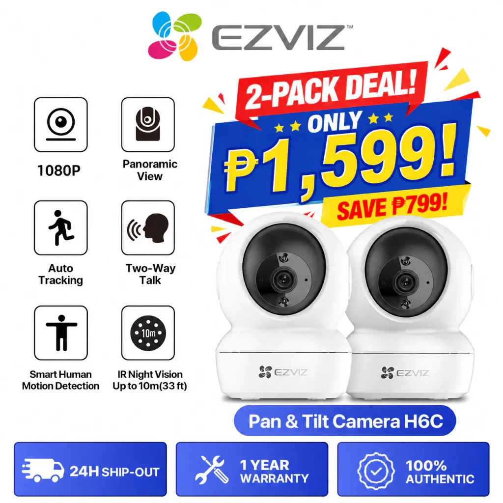 EZVIZ H6C pan-and-tilt indoor cameras, two white dome units shown as a bundle with feature icons
