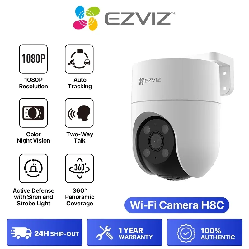 EZVIZ H8C outdoor camera, a white pan-and-tilt dome on a wall bracket with four spotlights around the lens