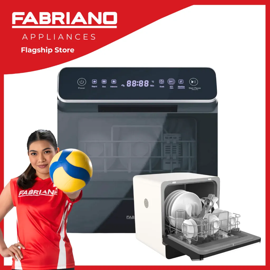 Fabriano FDW66GBL black portable countertop dishwasher with touch control panel, front view