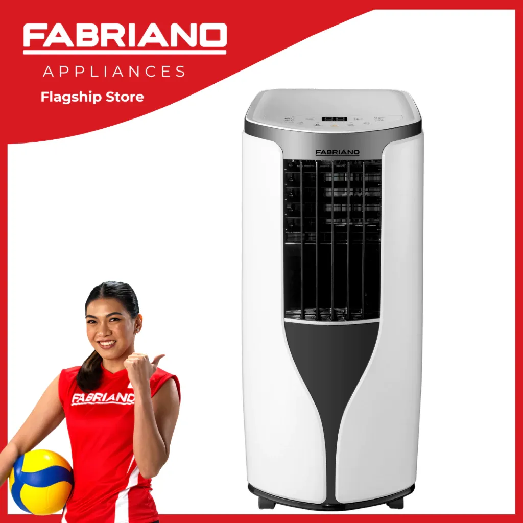 Fabriano FPE12GW portable aircon, a white and black 1.5HP unit with a tall dark front vent and top digital panel