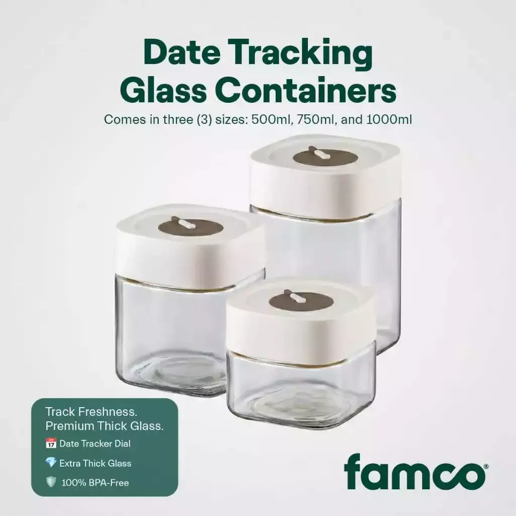 Famco date-tracking glass storage jars in 500ml, 750ml, and 1000ml sizes with date-dial lids