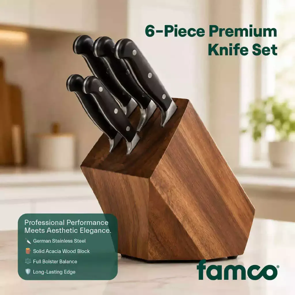 Famco 6-piece German stainless steel knife set in a solid acacia wood block