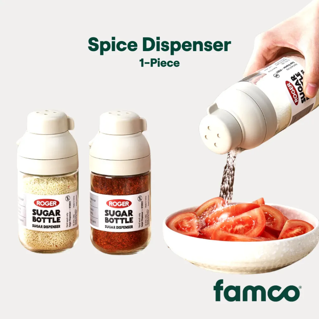 Famco single-piece spice dispenser with clear body and shaker lid, front view