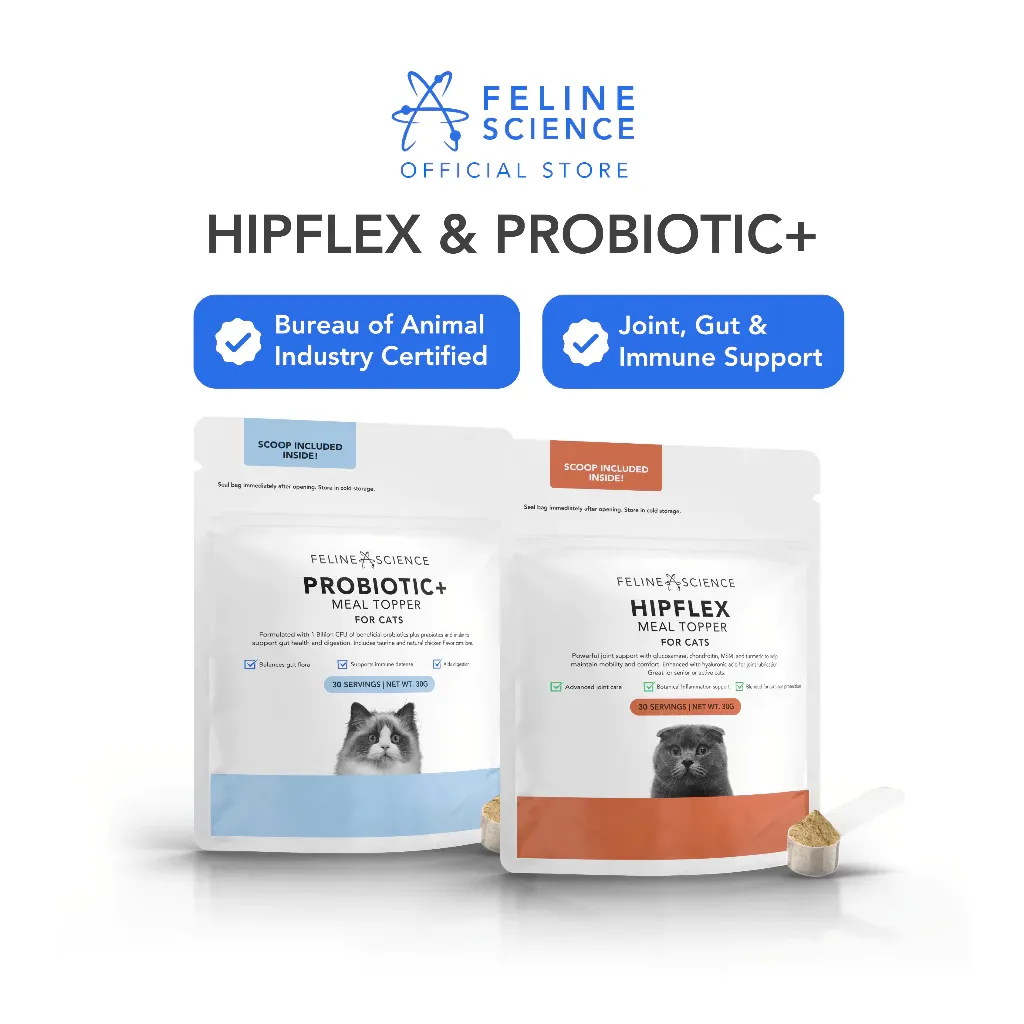 Feline Science cat probiotics plus joint supplement bundle, two pouches front view