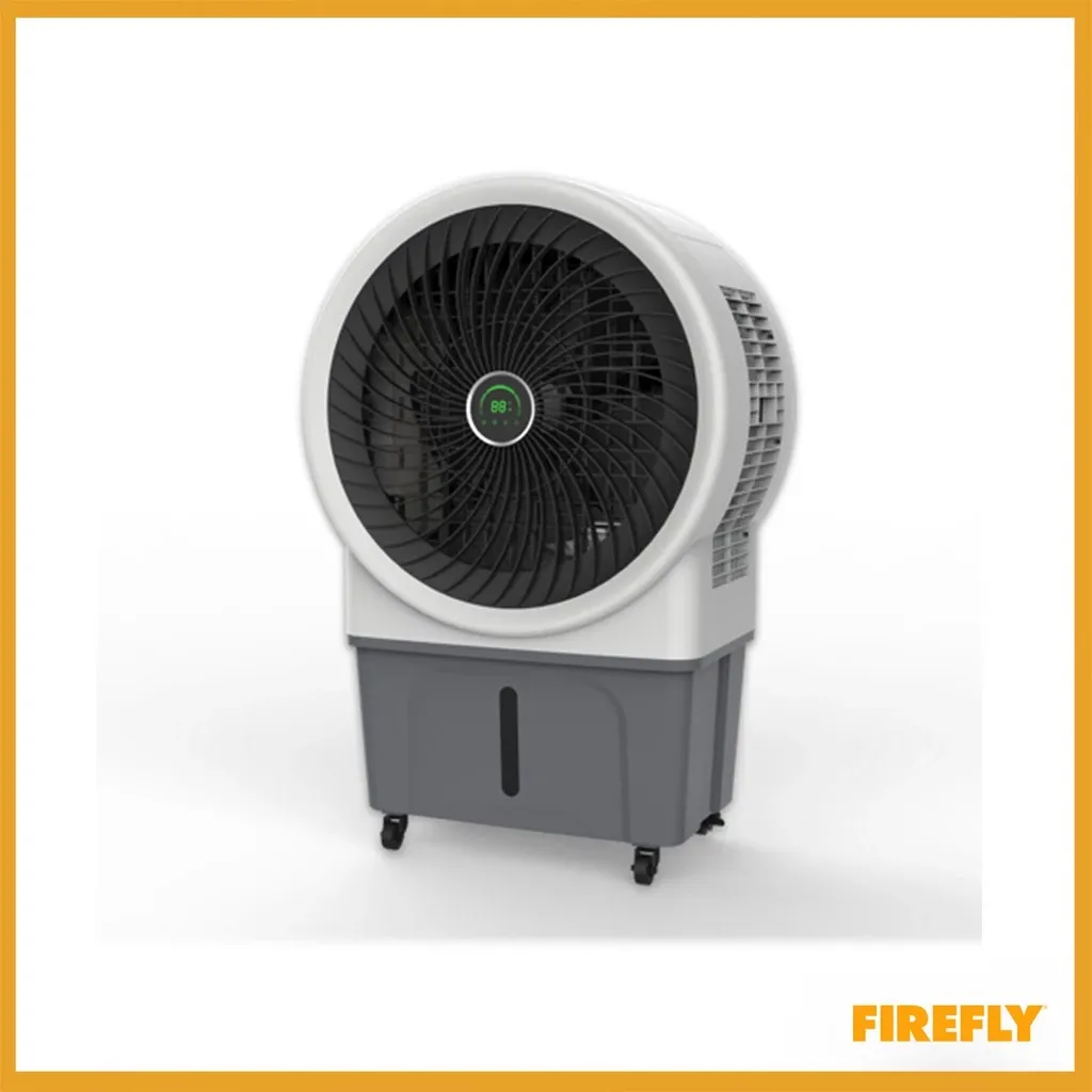 Firefly FHF104 turbo air cooler, a white unit with a large round turbo fan face and circular digital display over a grey water tank on castors