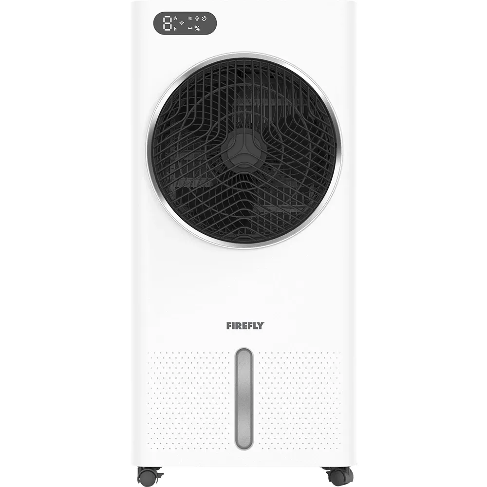 Firefly FHF106 vortex air cooler, a white tower with a large round black fan grille and a digital display panel on top