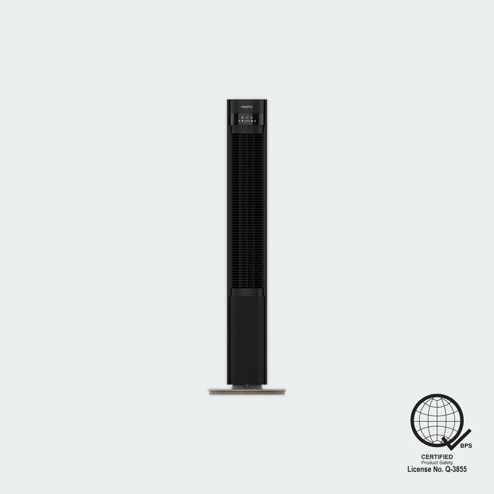 Firefly Home FHF306 black smart Wi-Fi tower fan with LED display on a wood-tone base, front view
