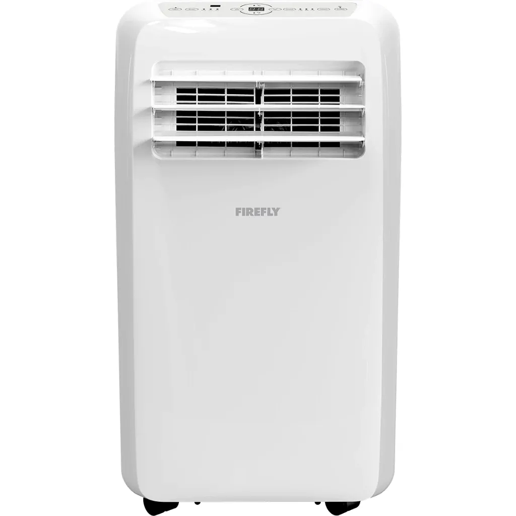 Firefly FHF603 portable aircon, a plain white 1.5HP unit with a louvred front vent, top control panel and castor wheels
