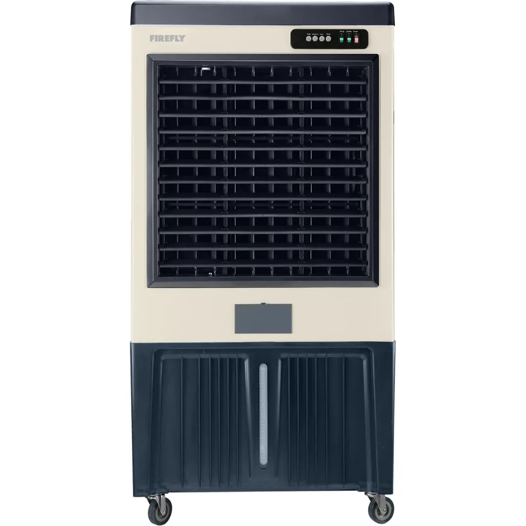 Firefly FIF301 industrial air cooler, a large cream and dark grey unit with a wide honeycomb front grille, water gauge and heavy castors