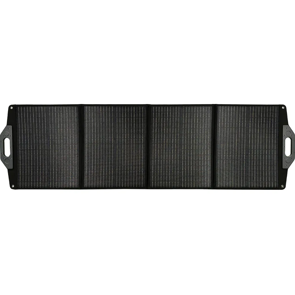 Firefly FSP120/18 monocrystalline solar panel unfolded into four black segments with carry handles