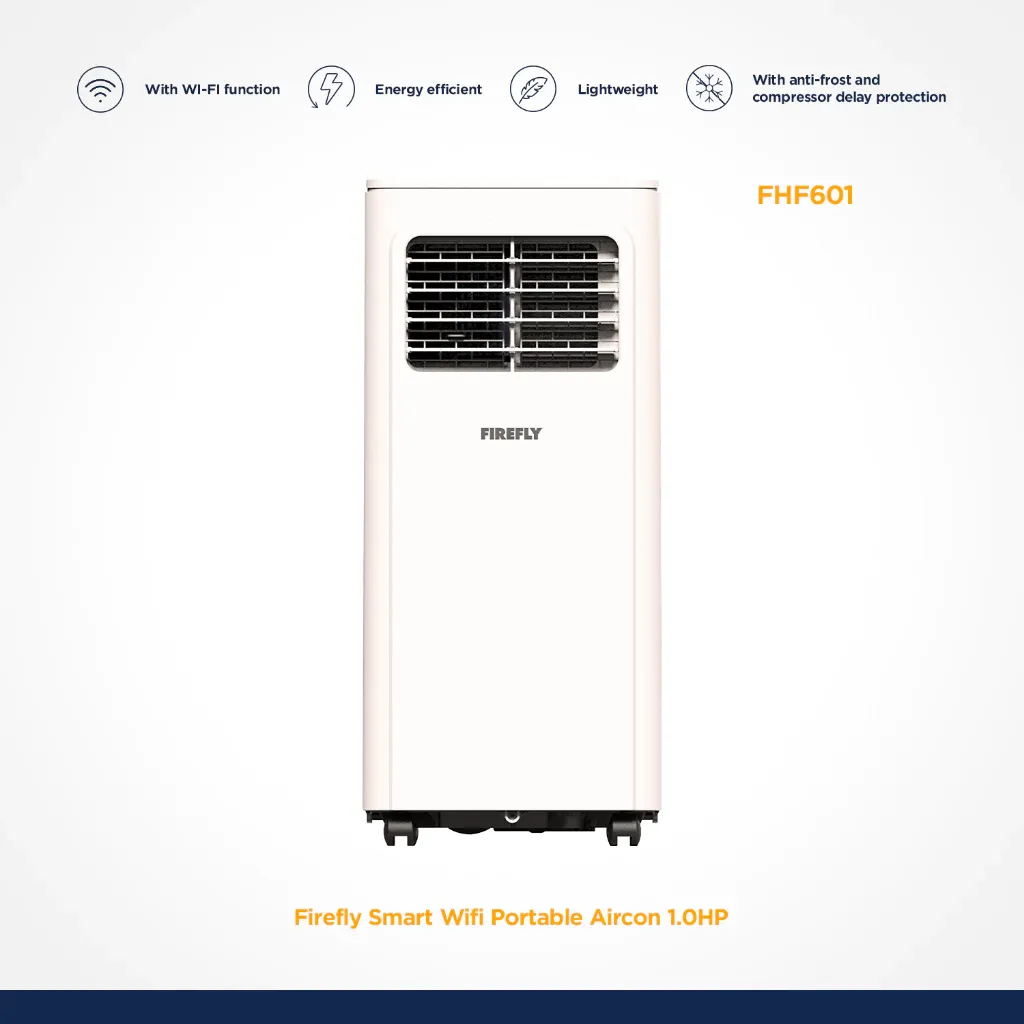 Firefly FHF601 Smart Wi-Fi portable aircon, a cream-white 1.0HP unit with a dark louvred vent and castor wheels