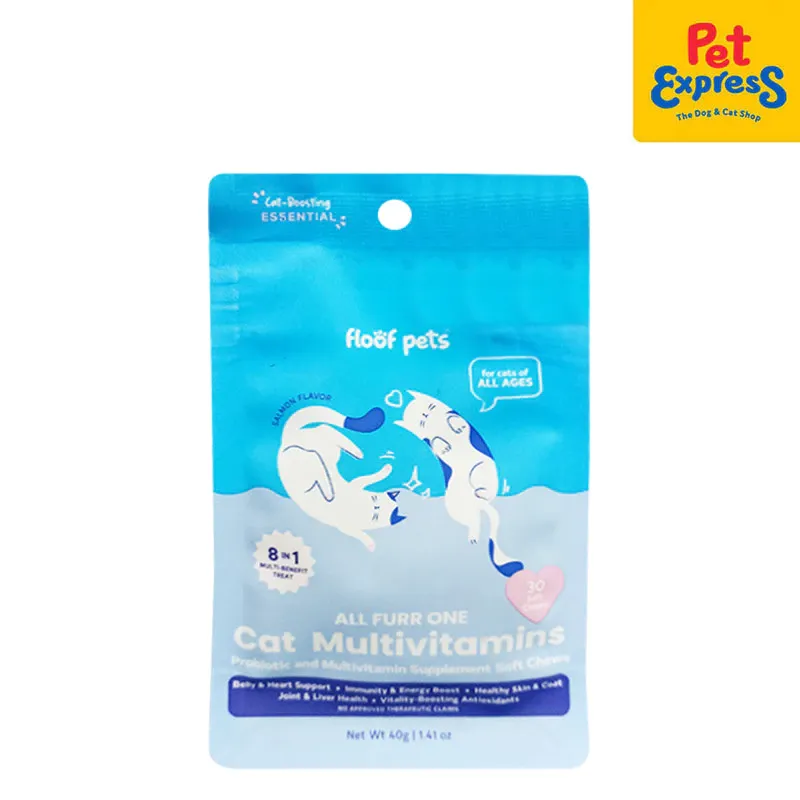 Floof Pets 8-in-1 Probiotic and Multivitamins cat supplement, 30 chews 40g pack, front view