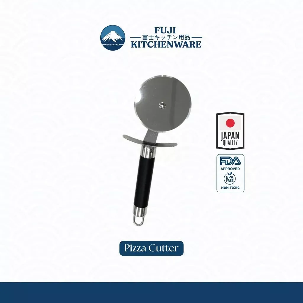 FUJI Kitchenware stainless steel pizza cutter with a black ergonomic silicone grip handle