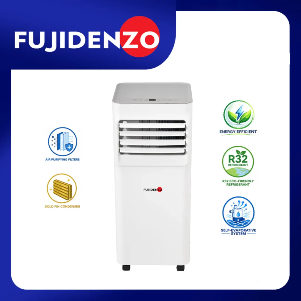 Fujidenzo PAC-150AIG2 portable air conditioner, a white 1.5HP unit with a louvred front vent and castor wheels