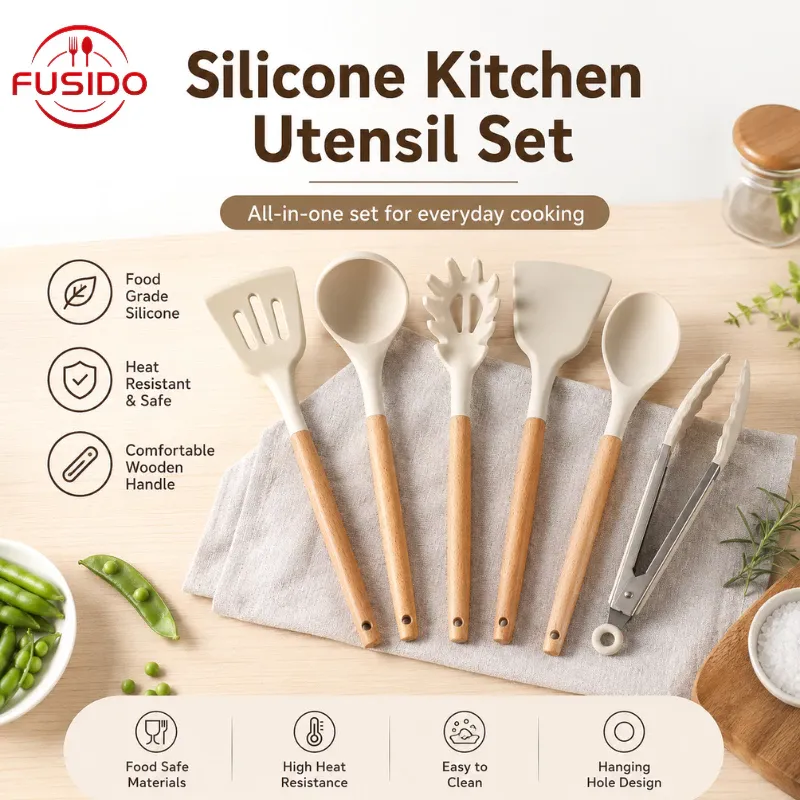 FUSIDO six-piece cream silicone kitchen utensil set with long wooden handles and tongs on a linen cloth