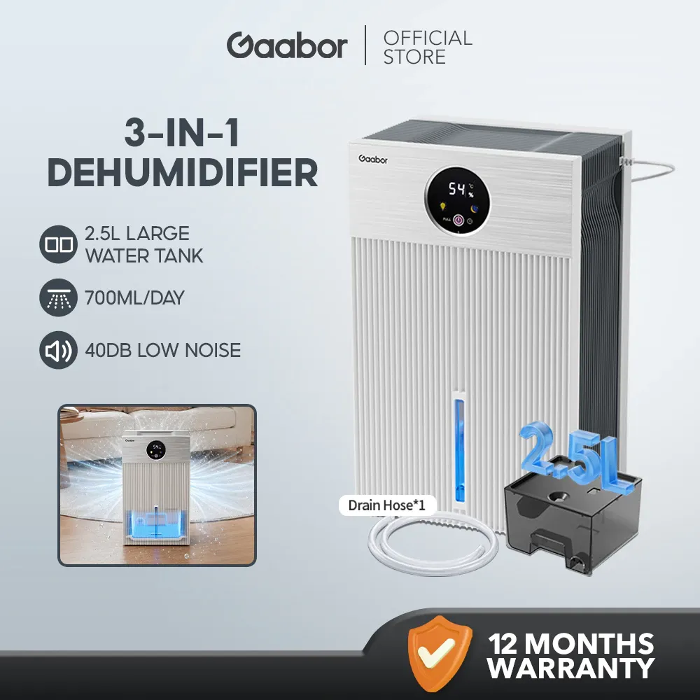 Gaabor 3-in-1 dehumidifier with aroma diffuser, white ribbed unit with digital humidity display and drain hose, front view