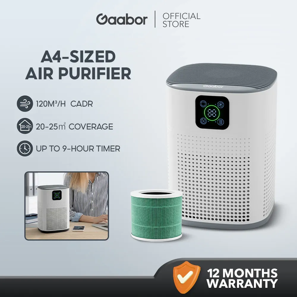 Gaabor H13 air purifier, compact white unit with grey top and digital display, shown with its cylindrical filter