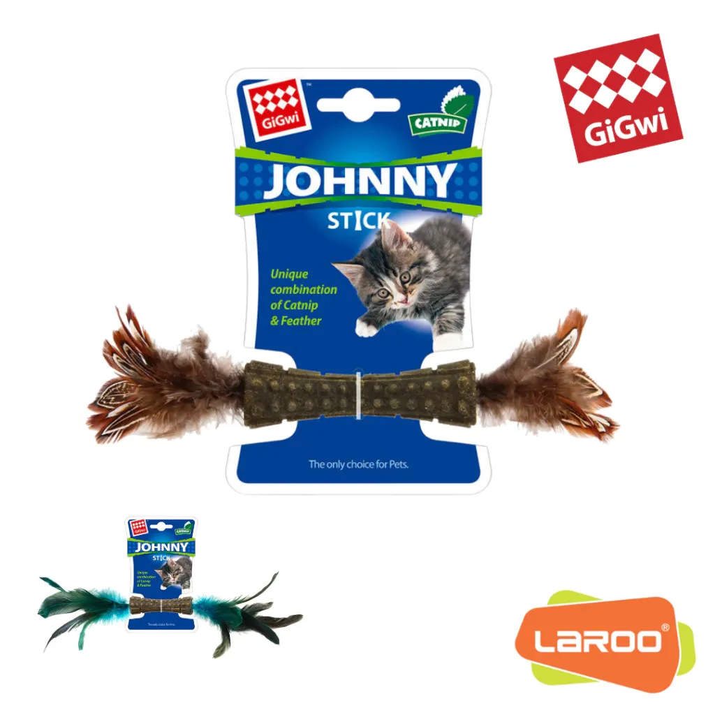GiGwi Catnip Johnny Stick, a compressed catnip bar with natural feathers at both ends, in its blister pack