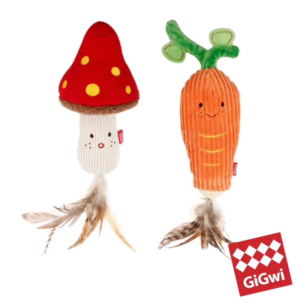 GiGwi Meow Than 1 plush cat toys, a red mushroom and an orange carrot, each with a natural feather tail