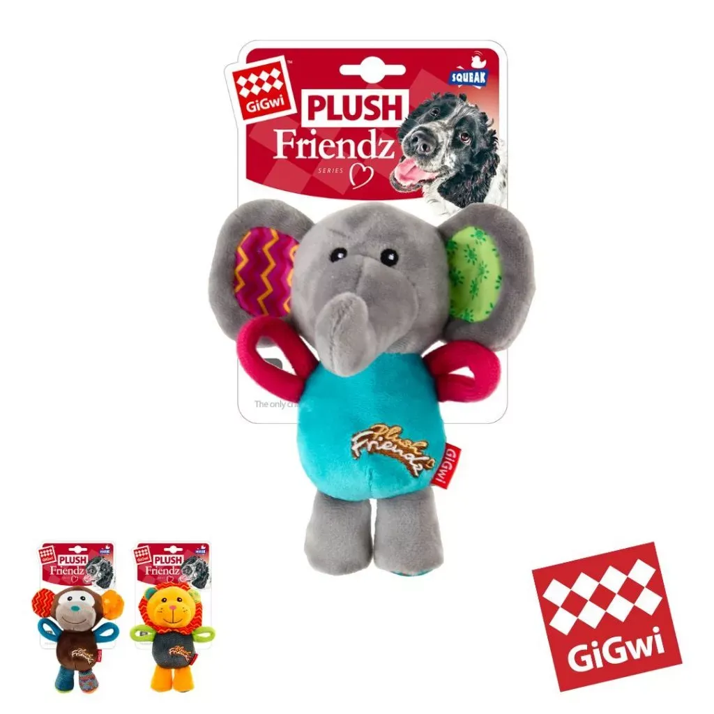 GiGwi Plush Friendz squeaky chew toy with a tug rope handle for dogs