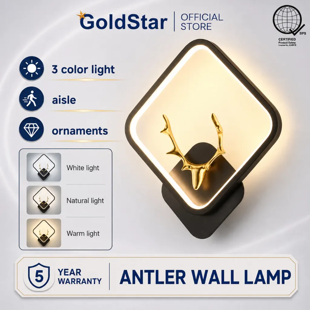 Gold Star Nordic wall lamp, a black diamond-shaped LED frame with a gold antler ornament, shown in warm, natural and white light