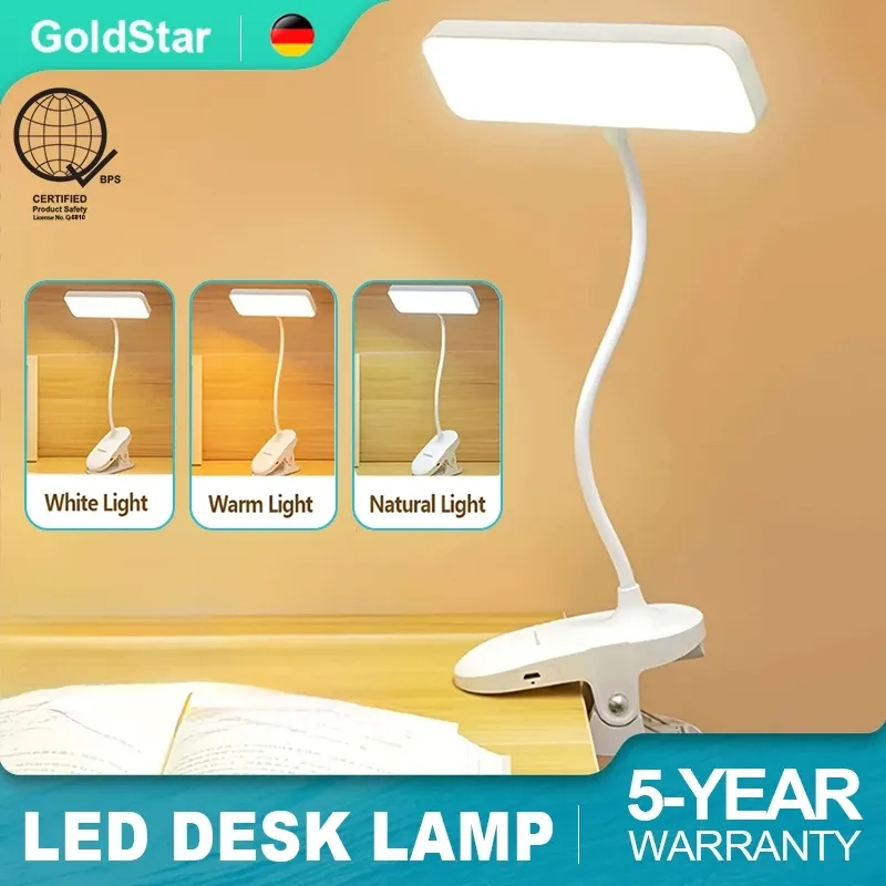Gold Star rechargeable 3-color LED clip desk lamp with a storage compartment in the base