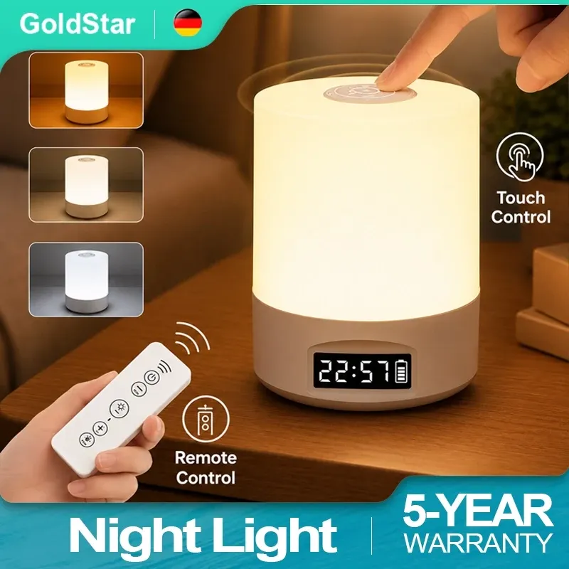 Gold Star bedside night light with a round clock face in the shade and a remote control