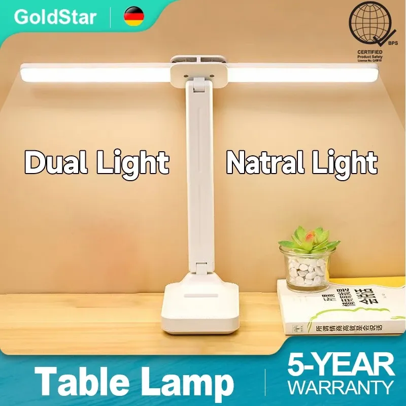 Gold Star foldable dual head LED desk lamp with two folding light panels on a compact base