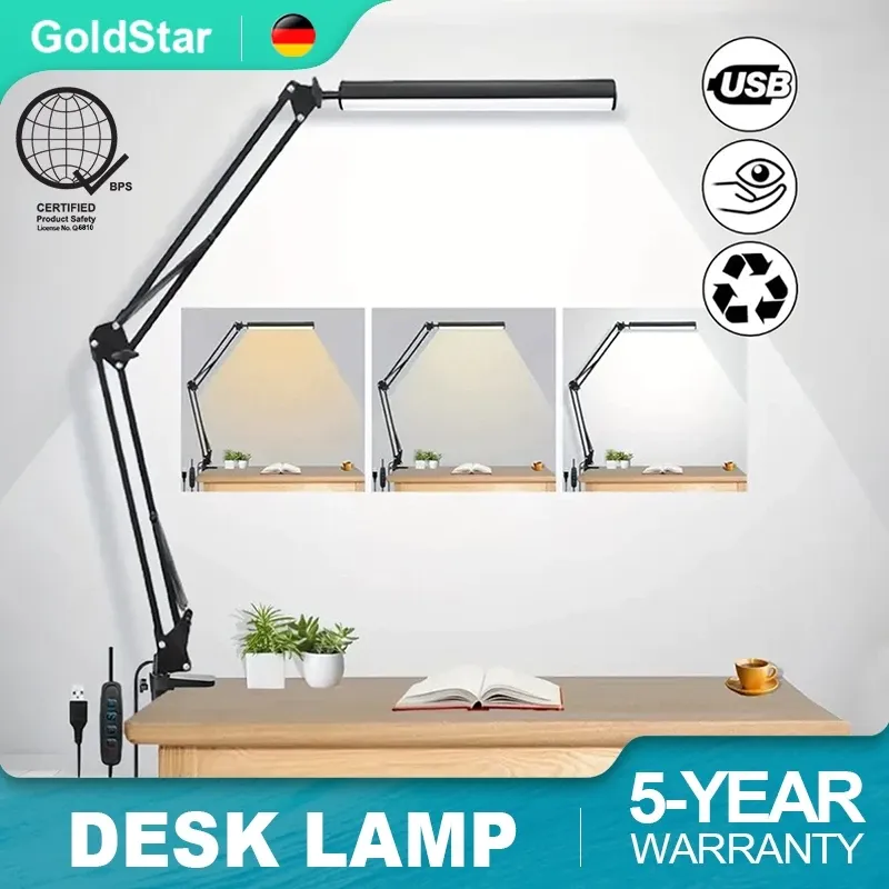 Gold Star metal folding clip desk lamp with a jointed arm and 3-color LED head