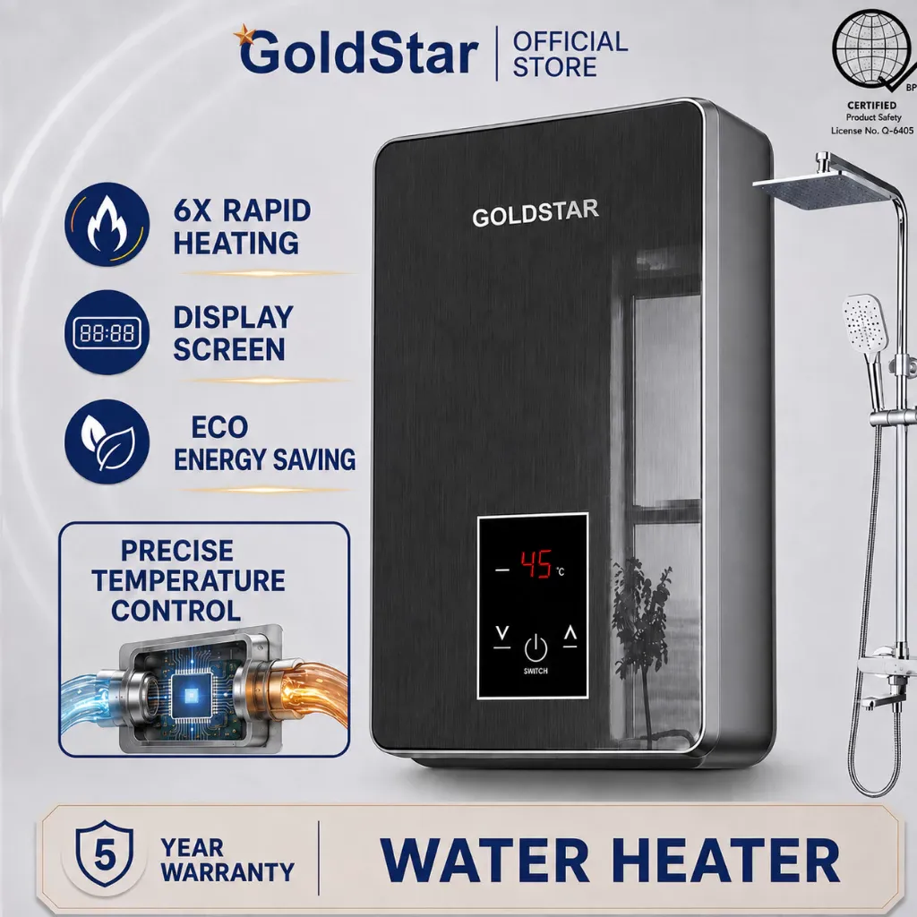 Gold Star Premium 6500W instant water heater with LCD touchscreen panel