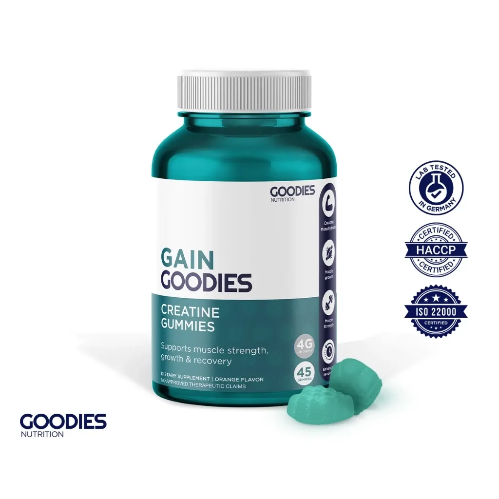 Goodies Nutrition Gain Goodies creatine gummies bottle, 45-count, front view