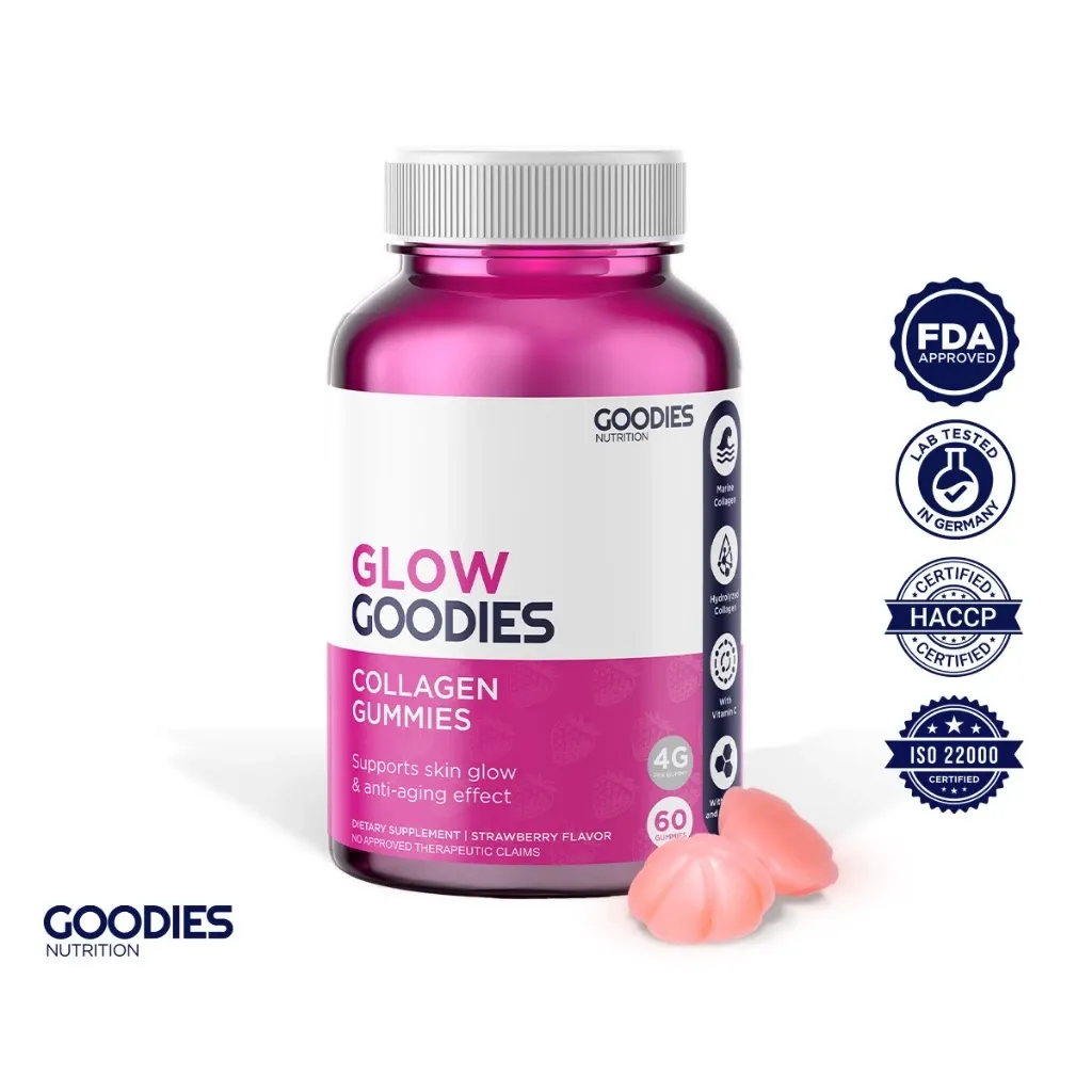 Goodies Nutrition Glow Goodies collagen gummies bottle, 60-count, front view