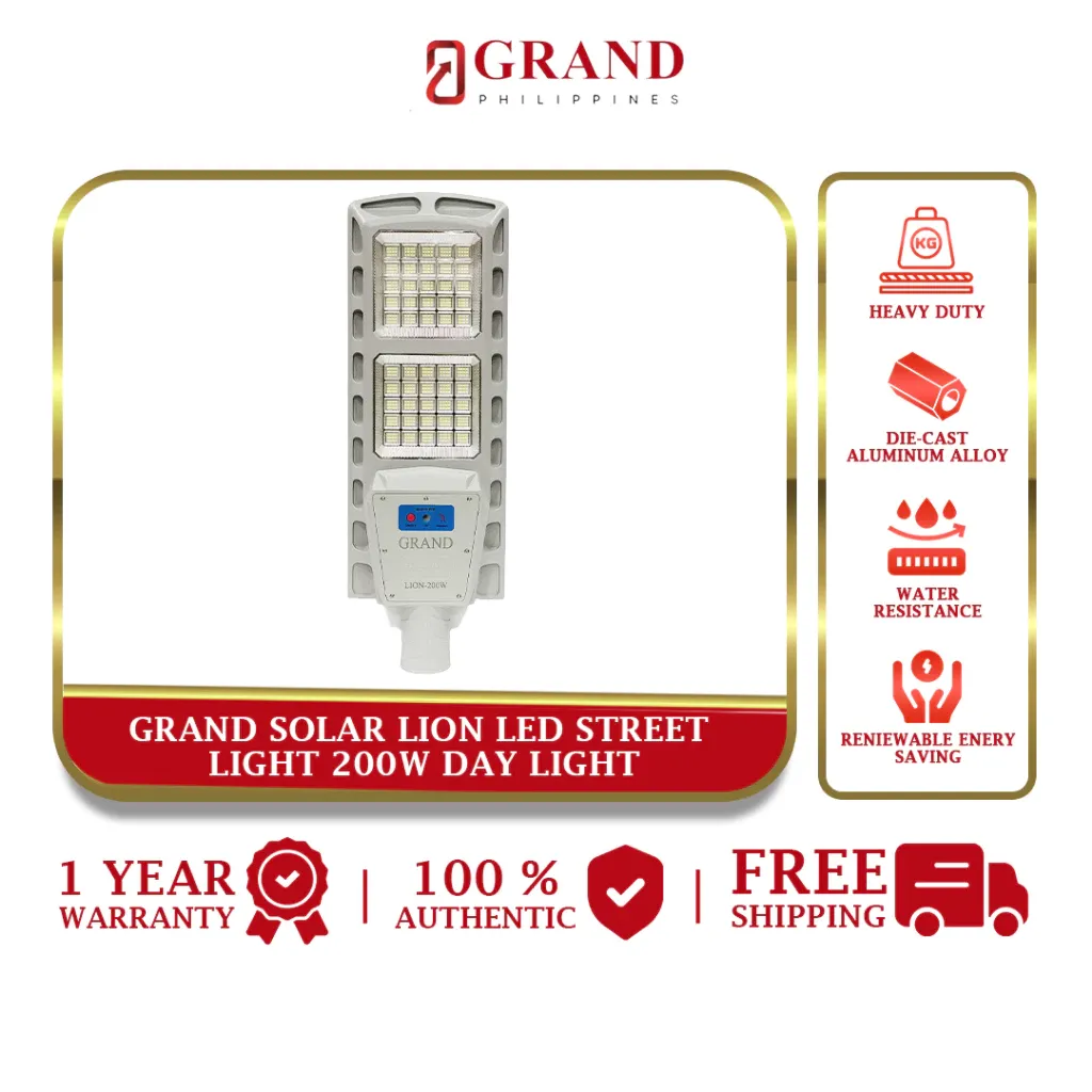 Grand LION solar LED street light in die-cast aluminum with monocrystalline panel, angled view