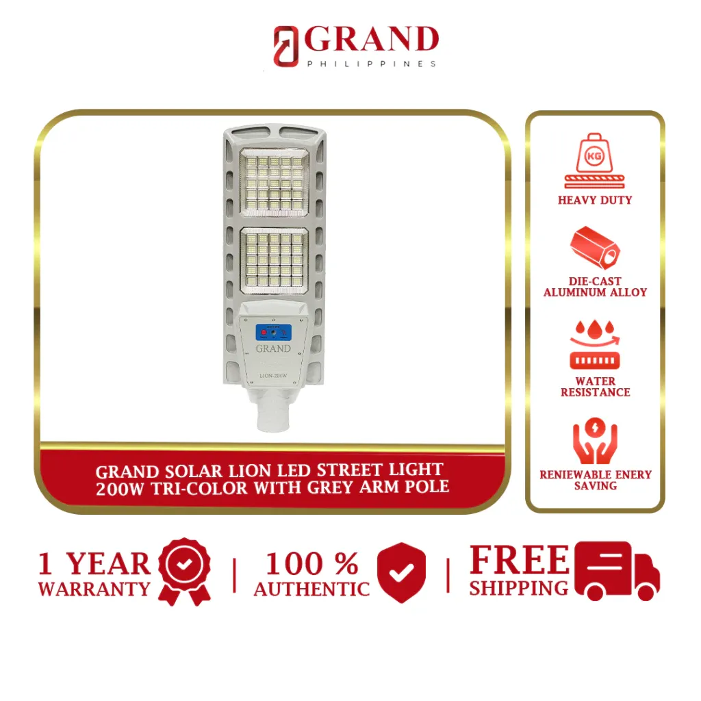 Grand LION tri-color solar LED street light in die-cast aluminum, angled view