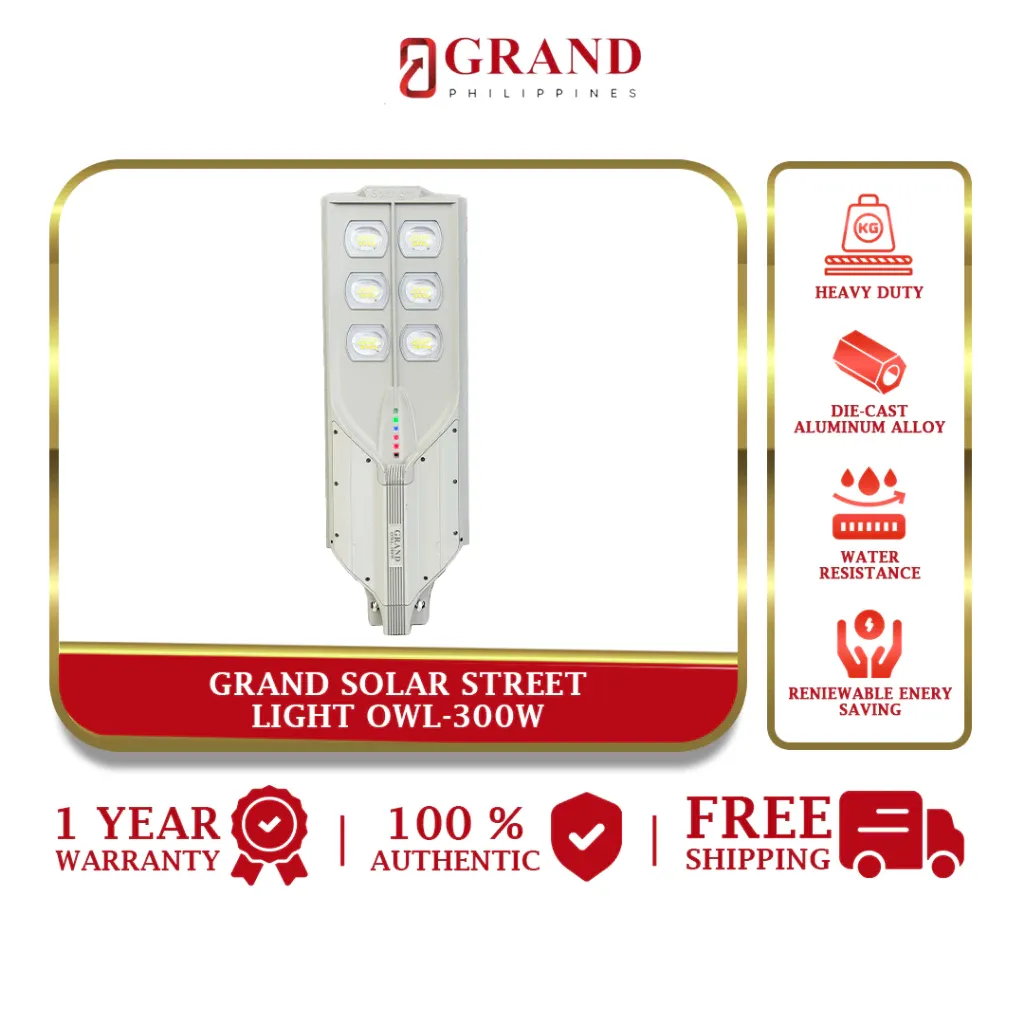 Grand OWL solar street light with wide integrated solar panel and aluminum head, angled view