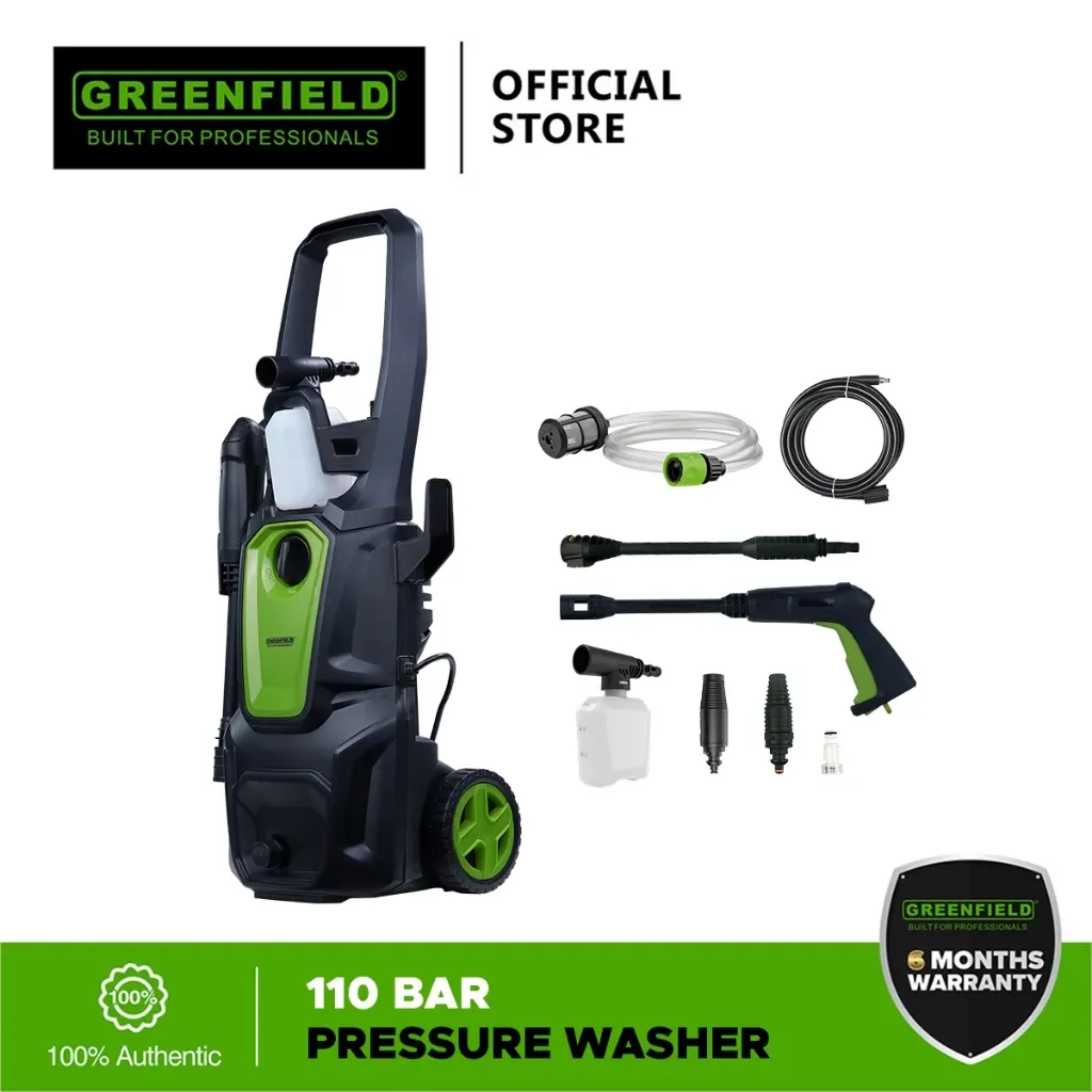Greenfield self-priming 110 bar pressure washer in green and black with spray gun
